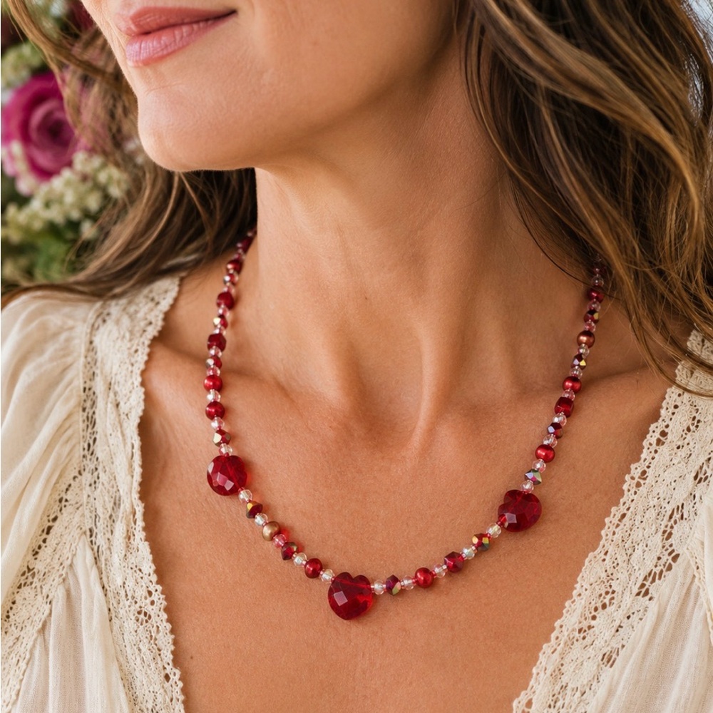 Vintage Red Crystal Heart Necklace Artisan Toggle Pearl Beaded 19.5”